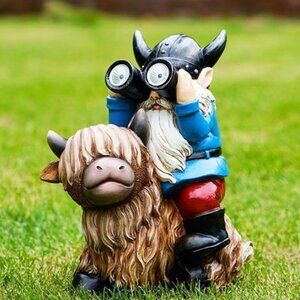 Garden Gnome Statues Resin Gnome Sitting on Highland Cow Solar LED Lights